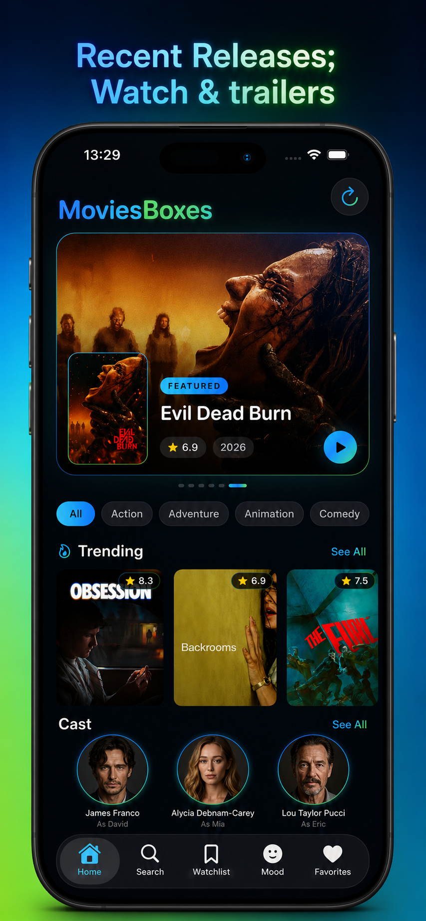 Movie Boxes home screen on iPhone showing featured releases, trending movies and cast